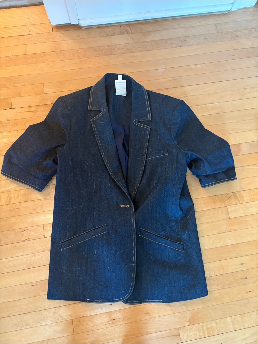 Cinq a Sept Khloe Ruched Sleeve Dark Blue Denim Short-Sleeve Blazer Jacket